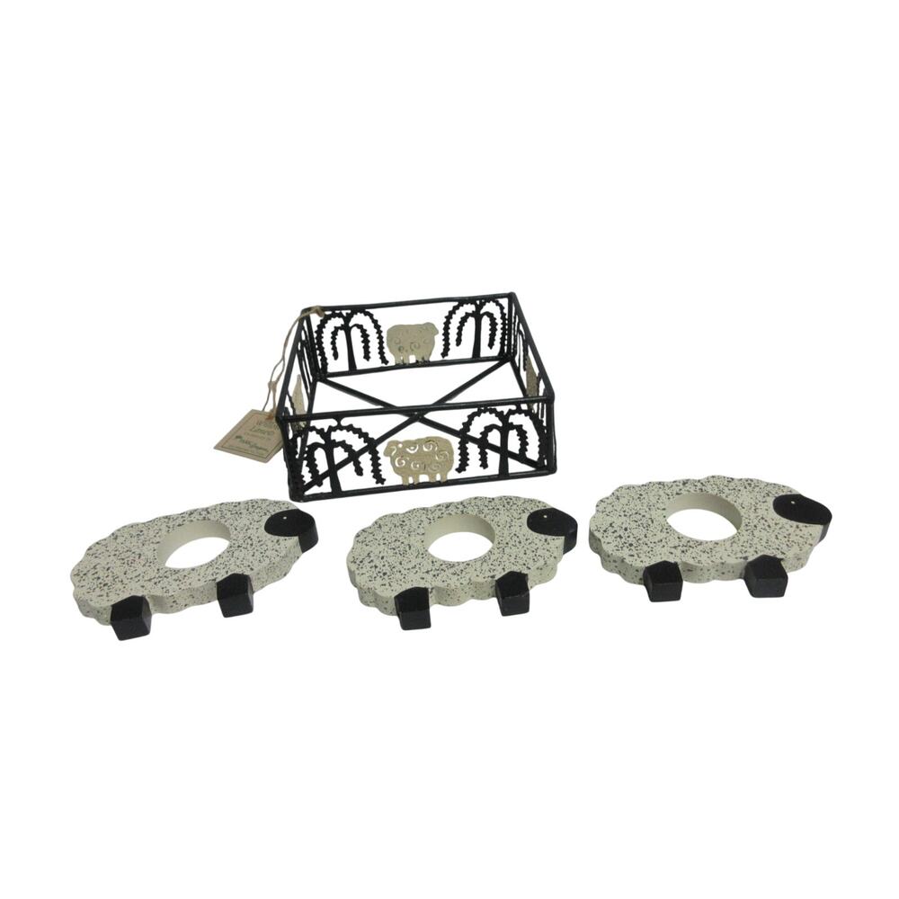 Prim Black Metal Napkin Holder Sheep Design willow lane NEW + 3 Napkin Rings